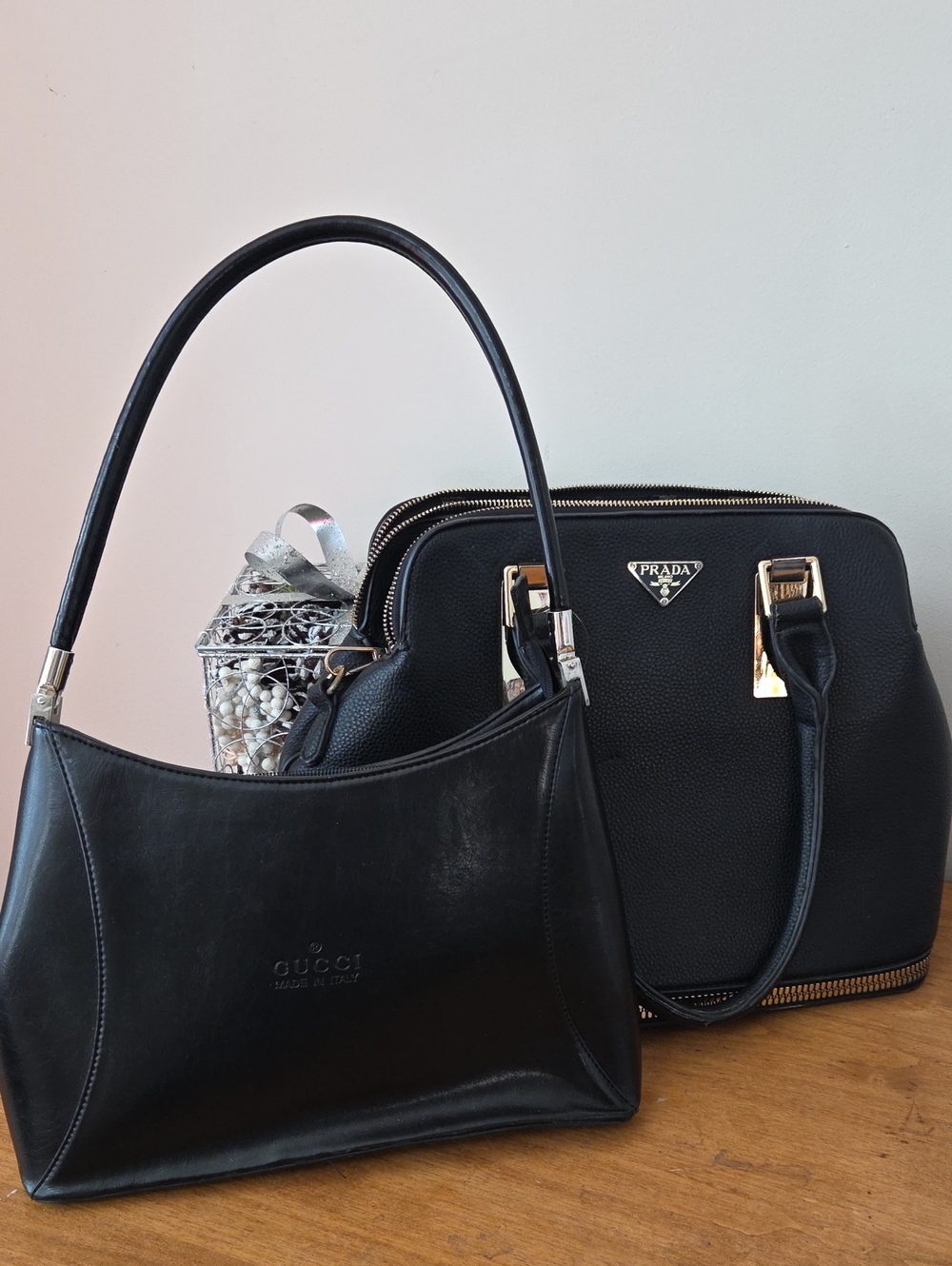 Prada Black Textured Leather Top-Handle Shoulder Bag with Gold Hardware